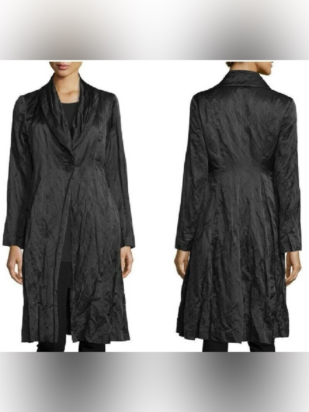 Eileen Fisher Crinkle Metallic Long Duster Jacket Black Large Italian Fabric